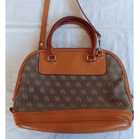 Vtg Dooney & Bourke Satchel Domed Shoulder Strap Leather & Canvas Monogram 80s - Picture 2 of 11